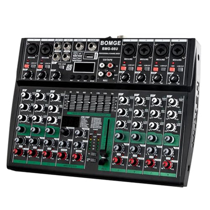 BOMGE Professional Audio Mixer Sound Board Console Desk System- Interface 8 Channel USB Bluetooth MP3 Computer Input 48V Phantom Power Stereo DJ Studio FX 256Bit DSP, for Professional and Beginners
