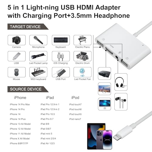 Lightning to HDMI Adapter for iPhone/iPad to TV Dual USB OTG Adapter