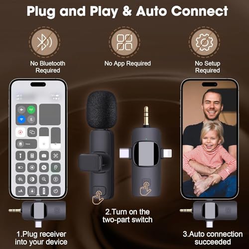 3 in 1 Wireless Lavalier Microphones for iPhone, ipad, Android, Camera, 2 PCS Mini Lapel Mic with Noise Reduction for Video Recording, Interview, YouTube, Live Stream (2 Mics - 3 in 1, Black)