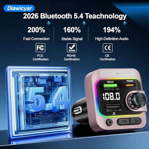 63W FM Transmitter Bluetooth Car Adapter, Wireless FM Bluetooth Transmitter | [PD 45W & QC3.0] Fast Charge, Deep Bass Player, Hands-Free Calling, Pink - color: Pink