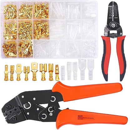 Twidec/640Pcs 2.8/4.8/6.3mm Quick Splice Male and Female Wire Spade Connector Crimp Terminal Golden Kit with Wire Terminal Crimping Pliers Tools 26-16AMG for Electrical Wiring Car Audio Speaker - color: Gold 640PCS+SN-48B
