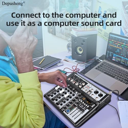 Depusheng Professional Audio Mixer, 4 Channel Audio Interface Sound Board Mixing Console System, 16-Bit DSP DJ Bluetooth Mixer +48V Phantom Effect For Karaoke Studio Streaming Recording (XT4)
