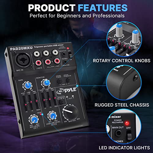 Pyle 5-Channel Rechargeable Mini Portable Audio Mixer – Compact Music Mixer DJ Controller with USB Interface, Slider EQ Controls, XLR Combo Mic Input, Rechargeable Battery, USB/Line/Master Controls - style: 5 Channel
