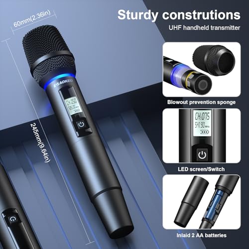 Wireless Microphones System, 4 Channel UHF Wireless Mics,with 4 Handheld Dynamic Microphones,Metal Receiver for Karaoke,Singing,Wedding,Party,Speech - color: Brown