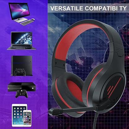 Anivia MH601 Headphones with Microphone Wired Headset with Active Noise Canceling Microphone, 3.5mm Audio Jack Stereo Headphone - Red (Game/Work/School) - color: Red