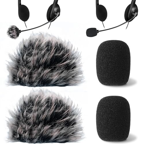 PAGOW 4Pcs Mini Foam Microphone Windscreens＆Furry Cover, Mic Headset Cover | Black High Density Lapel Microphone Windscreen for Lavalier Microphones Noise Reduction (2pcs Foam + 2pcs Furry) - color: black,Foam(2pcs),Furry(2pcs)