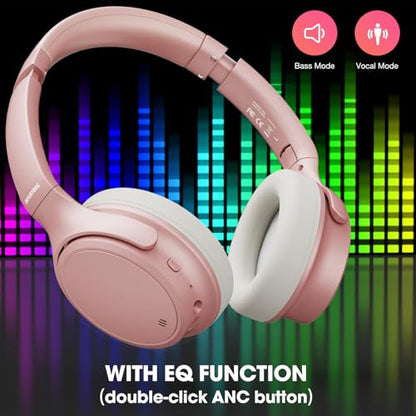 INFURTURE H1 Plus Doubly Fed Hybrid Active Noise Cancelling Headphones with EQ Mode，Wireless Over Ear Bluetooth Headphones with 4 Microphone, 90H Playtime,Lightweight for Home Travel Office(Pink) - color: Pink