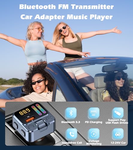 Bluetooth 5.3 Car Adapter with FM Transmitter 42W PD Fast Charging | Bluetooth AUX USB Music Receiver HandsFree Calls, Beat Sync LED Lights for Car Stereo, Compatible with 12V-24V Vehicles
