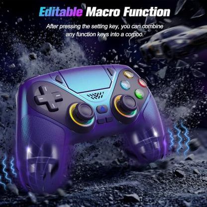 Gamrombo RGB Wireless Controller for PS5/PC – Bluetooth Gamepad with Turbo, Macro, Dual Vibration, 6-Axis Motion, 3.5mm Audio Jack & 1000mAh Battery - color: Metal Blue