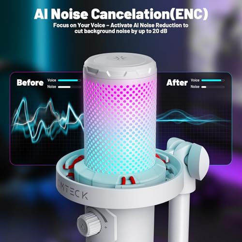 CMTECK USB 마이크, 스튜디오 품질, PC/노트북용 맞춤형 RGB 조명 | LED로 빠른 음소거, 플러그 앤 플레이, 노이즈 캔슬링. 3.5mm 제로 레이턴시 잭 및 게인. 팟캐스트, 스트리밍용 - color: 화이트.