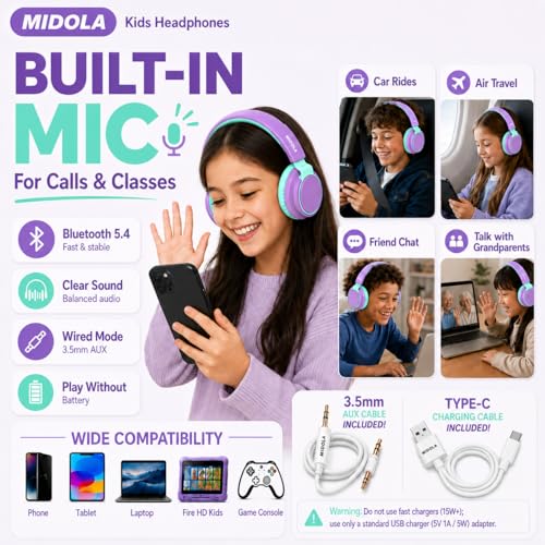 Kids Bluetooth Headphones Wireless 68 Hours,Safe Volume Limit 85/94dB | Adjustable Headband Foldable Over-Ear Lightweight Headsets for Toddler Girls Boys Tablet/iPad,HD Stereo,Built-in Mic,Purple - color: Purple