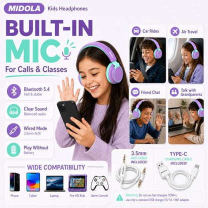 Kids Bluetooth Headphones Wireless 68 Hours,Safe Volume Limit 85/94dB | Adjustable Headband Foldable Over-Ear Lightweight Headsets for Toddler Girls Boys Tablet/iPad,HD Stereo,Built-in Mic,Purple - color: Purple