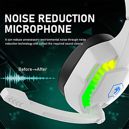 Wired Gaming Headset with Rainbow RGB Backlight Retractable Noise Isolating Microphone Stereo Sound Deep Bass Memory Foam Earmuff Over Ear Headphone for PS4 Xbox One Switch PC Mac Gamer Music (White) | Retractable,Noise Isolating Microphone,Stereo Sound,D