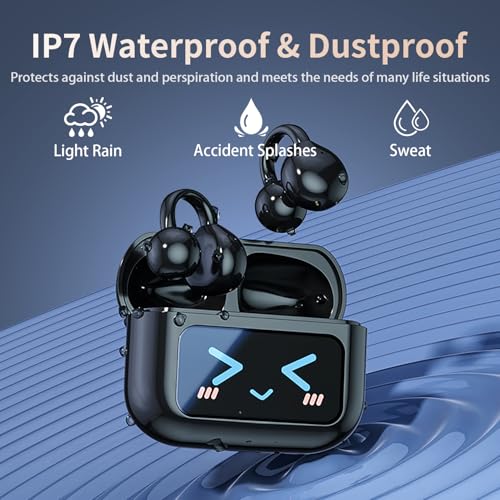 Open Clip Ear Earbuds, Wireless Clip On Headphones with Bluetooth 5.4 LCD Touch Screeen, Lightweight Design Open Ear Buds,IP7 Waterproof Sport Earphones for Running Workout