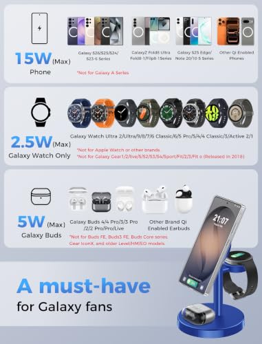 Magnetic Wireless Charger for Samsung, 3 in 1 Super Fast Charging Station Compatible with MagSafe, Phone Charger Stand for Samsung Galaxy S26 Ultra S25 Z Fold/Flip 8, Watch Ultra 8 7 6, Buds 4/3 Pro - color: NavyBlue