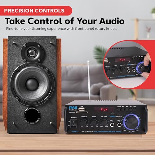 Pyle 200W Stereo Power Amplifier with Bluetooth - Dual Channel Audio Receiver - LED Display - RCA - USB - SD - MIC IN - FM Radio - AUX Input - Perfect for Home & Computer Audio - PDA29BU.5