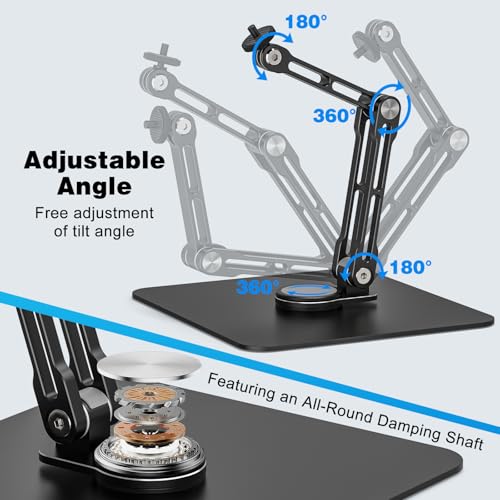 Mic Stand Desk, 360° Rotatable Desktop Microphone Stand, Max Load 4.4 lb, Adjustable Microphone Desk Stand Mount with 1/4“ 3/8“ 5/8” Screw and 2 Mic Clip, for Recording Podcasting Streaming Studio