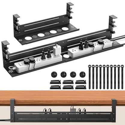 Under Desk Cable Management Tray - 18-29in Retractable Iron Cord Organizer, No-Drill Installation with Anti-Slip Pads, Desk Cable Tray for Office, Gaming,Standing Desks(Black)