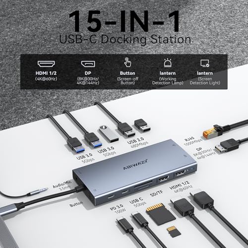 USB C Docking Station Dual Monitor, ABIWAZY 15 in 1 Laptop Docking Station | 8K DP, Dual HDMI 4K@60Hz, 1Gbps Ethernet, 100W PD, Screen Button, USB-C Data Ports&SD/Micro SD, USB C Hub for HP/Delll/Lenovo