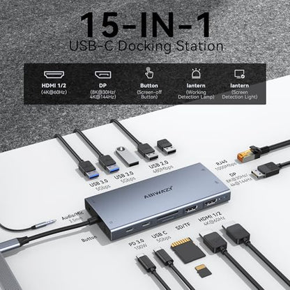 USB C Docking Station Dual Monitor, ABIWAZY 15 in 1 Laptop Docking Station | 8K DP, Dual HDMI 4K@60Hz, 1Gbps Ethernet, 100W PD, Screen Button, USB-C Data Ports&SD/Micro SD, USB C Hub for HP/Delll/Lenovo