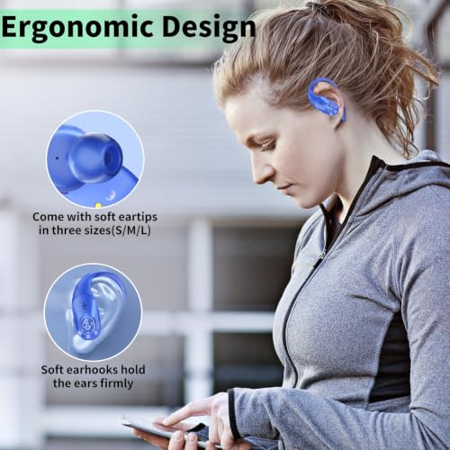 Wireless Earbuds with Ear Hooks 96H Playtime for iPhone Android | LED Display Deep Bass Stereo Sound Built in Mic Sweat Resistant Design Low Latency Mode for Sports Gaming - color: Blue