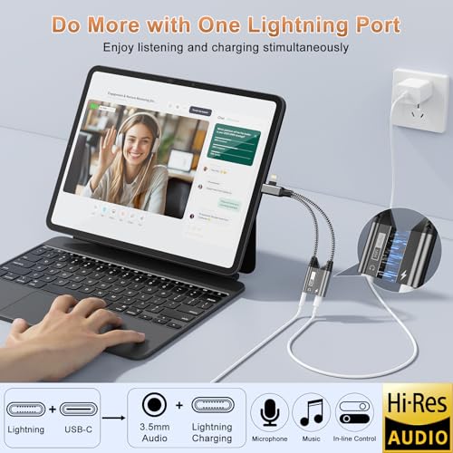 Magnetic Lightning + USB C to 3.5mm Headphone and Charger Adapter,【Apple MFi Certified】 2-in-2 USB C/Lightning to Aux Audio Jack with PD Fast Charging Cable Compatible with iPhone 16/15 /14/Samsung