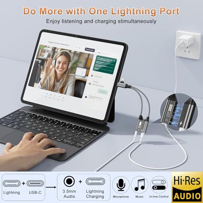 Magnetic Lightning + USB C to 3.5mm Headphone and Charger Adapter,【Apple MFi Certified】 2-in-2 USB C/Lightning to Aux Audio Jack with PD Fast Charging Cable Compatible with iPhone 16/15 /14/Samsung