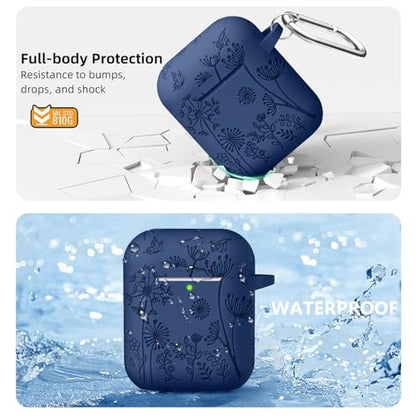 Lerobo for AirPod Case 2nd/1st Generation with Keychain | Flower Engraved Silicone Protective Cover for AirPods 2 Case, Wireless Charging, Led Visible, One-piece Design, Midnight Blue - color: Midnight Blue