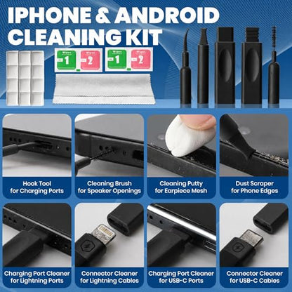 Upgrade Phone Cleaning Kit 47PCS, iPhone Cleaning Kit, Airbud AirPods Cleaning Kit, Keyboard, Charging Port Cleaner for Apple Lightning/Android USB-C - Includes Putty, Cloth & Wipes (Black) - color: Black (47PCS)