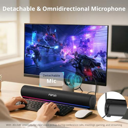 Computer Sound Bar with Detachable ENC Microphone, Enhanced Bass Gaming Soundbar, Bluetooth 6.0, USB-A Plug and Play, PC and Bluetooth Mode, 3EQ, 10 RGB Speaker for Gaming, Music,Meeting
