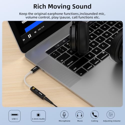 USB C to 3.5mm Audio Adapter with CX31993+MAX97220 DAC Amplifier | DAC Dongle Headphone Amplifier 8-Strand 4N Silver Plated Cable for iPhone 15/16/17/Android/Samsung/Mac/PC,HiFi 32Bit/384kHz - color: Black