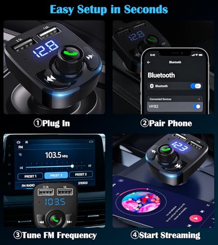 LIHAN Bluetooth Car Adapter 5.3, FM Transmitter, Dual USB Charger