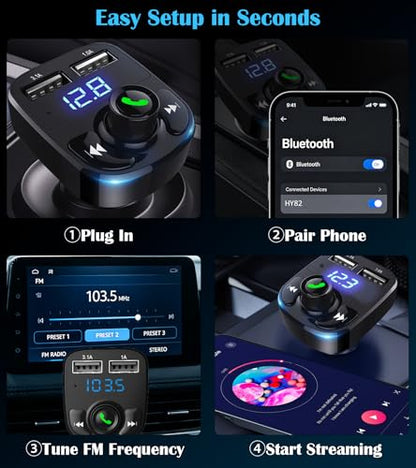 LIHAN Bluetooth Car Adapter 5.3, FM Transmitter, Dual USB Charger