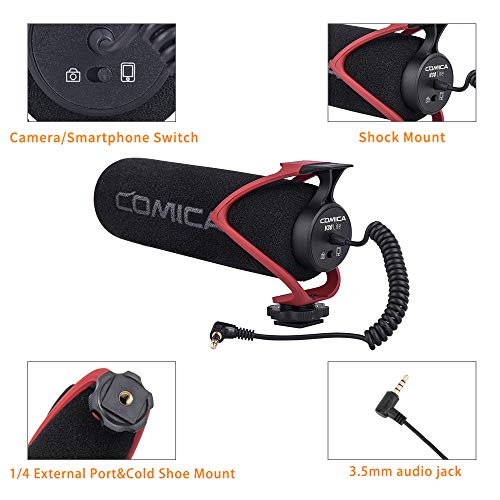 COMICA CVM-V30 LITE Video Microphone,Super-Cardioid Condenser On-Camera Shotgun Microphone for Canon Nikon Sony Panasonic DSLR Cameras,Mic for iPhone Android Smartphone with 3.5mm Jack(Red) - color: Red
