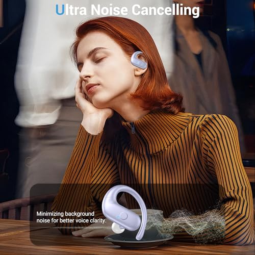 Sport Wireless Earbuds,60Hrs BT5.4 ENC IPX7 Waterproof Earhooks Deep Bass | 14.2mm drivers deliver rich stereo sound. Soft silicone ensures a secure, painless fit for long workouts. - color: Purple