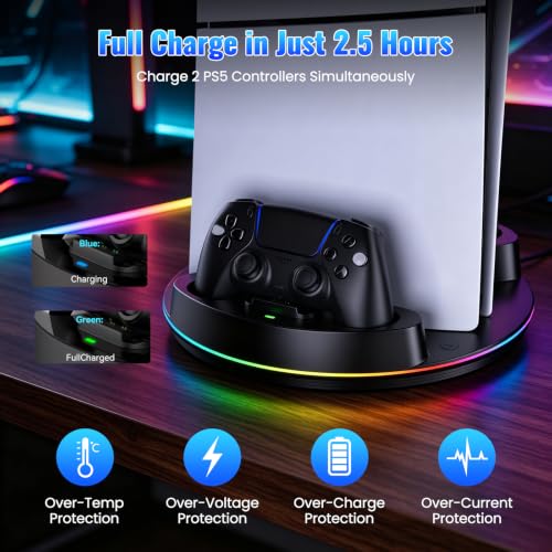 NEWDERY for PS5/Slim/Pro Console Stand with Controller Charger | Charging Station for PS5 Controllers, Adjustable RGB Light, for PS5 Controller Charger Stand, Black - color: Black