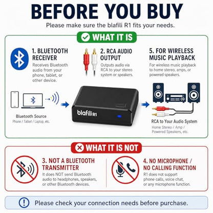 R1 Bluetooth Receiver for Home Stereo with RCA Line Out & USB Input | No-beep pairing, aptX Adaptive HD, for amplifiers and powered speakers, always-on USB power, music streaming only, no mic