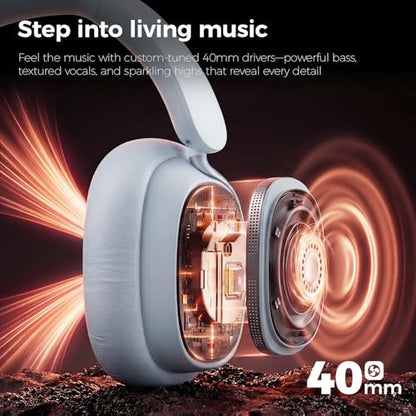 havit Noise Cancelling Headphones Over Ear, Wireless Bluetooth Headphones with 132H Playtime, Fast Charge 5 Min=5H, Foldable, Dual Device, with Mic for Travel Work Office, Blue