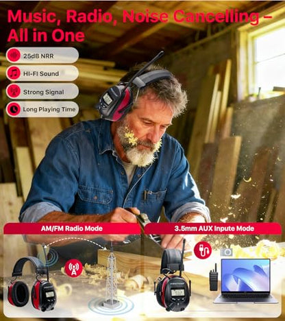 Digital AM FM Radio Headphones, Hearing Protection Earmuff for Adult, 30dB SNR for Mowing, Construction, Chainsaw - color: Am Fm Radio + Battery + Red