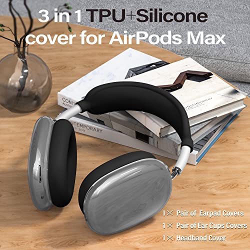 4 in 1 Set Case for AirPods Max Headphones, Clear Soft TPU Anti-Scratch Protective Case Cover, No Yellowing Transparent Accessories for Apple AirPods Max (2024 USB-C /2020 Lightning)-Clear Black - color: E-Black