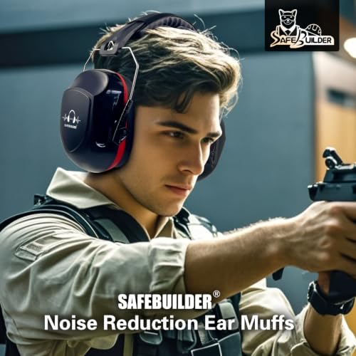 SAFEBUILDER Ear Muffs Noise Reduction SNR 33dB Adjustable Lightweight Safety Earmuffs Sound Proof Noise Cancelling ANSI - color: 1-black Combine Red