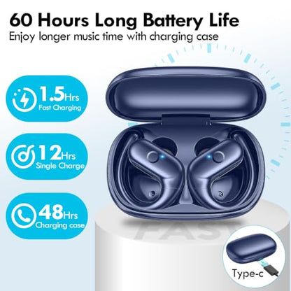 kurdene Wireless Earbuds Bluetooth Headphones with Secure Earhooks 60Hrs - color: Royalblue
