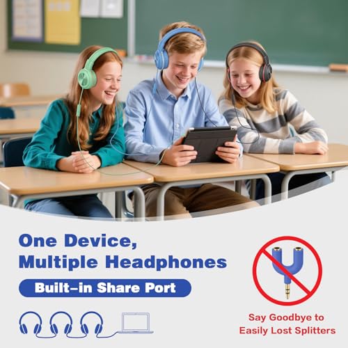 SIMOLIO 2 Pack Wired Headphones with Share Port, USB C to 3.5mm Dongle, MIC | Manyshare Series, 3-Level Volume Limiter, Passive Noise Cancelling, Foldable Over-Ear Headset for School Travel Adult iPad PC - color: Sleek Black & Fresh Green USB C&3.5mm