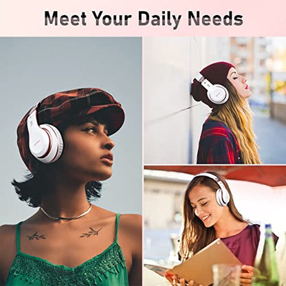 Bluetooth Headphones Over Ear, 6S Foldable Wireless Headphones with 6 EQ Modes, 40 Hours Playtime HiFi Stereo Headset with Mic, Soft Ear Pads, TF/FM for Cellphone/PC/Home (White & Rose Gold) - color: Rose Gold