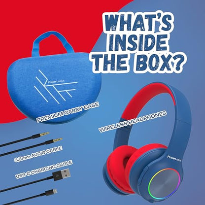 PowerLocus PLED Kids Bluetooth Headphones, Kids Wireless Headphones with LED Lights, 74/85/94dB Safe Volume, Micro SD, AUX Cable, Hi-Fi Stereo, Built-in Mic Over Ear Kid Headphone for Travel/Tablet/PC - color: Blue/Red