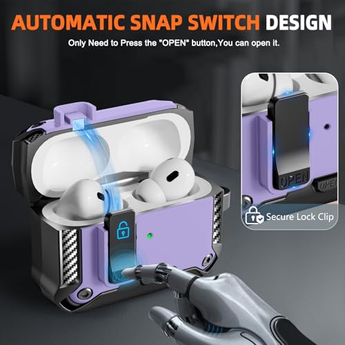 for AirPods Pro 1st/2nd Case with Lock & Phone Stand(Purple) | Automatic Snap Switch Lock,Carbon Fiber Texture Design Cover with Cleaner Kit - color: BB-Purple