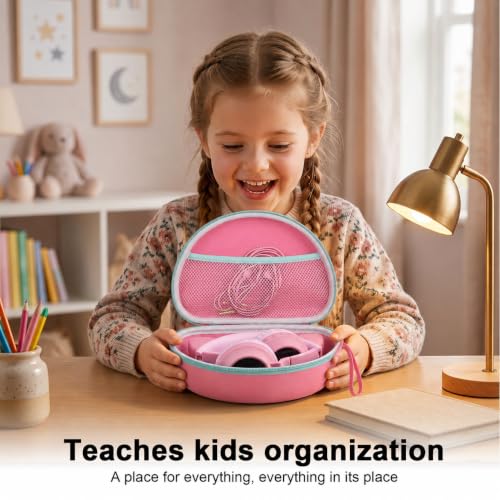 PAIYULE Kids Headphone Case for Riwbox CT-7S/CT-7, for iClever IC-HS01 | Headphone case for kids, hard EVA shell, mesh pocket, fits cat-ear over-ear models, red, school and travel, box only, Pink - color: Pink