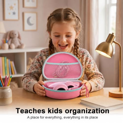 PAIYULE Kids Headphone Case for Riwbox CT-7S/CT-7, for iClever IC-HS01 | Headphone case for kids, hard EVA shell, mesh pocket, fits cat-ear over-ear models, red, school and travel, box only, Pink - color: Pink