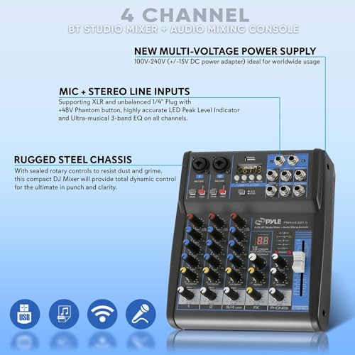 Pyle Professional Audio Mixer Sound Board Console System Interface 4 Channel Digital USB Bluetooth MP3 Computer Input 48V Phantom Power Stereo DJ Studio Streaming FX 16-Bit DSP Processor - PMXU43BT.5 - size: 4