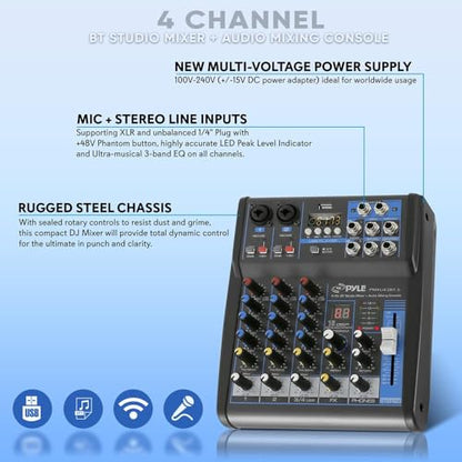 Pyle Professional Audio Mixer Sound Board Console System Interface 4 Channel Digital USB Bluetooth MP3 Computer Input 48V Phantom Power Stereo DJ Studio Streaming FX 16-Bit DSP Processor - PMXU43BT.5 - size: 4